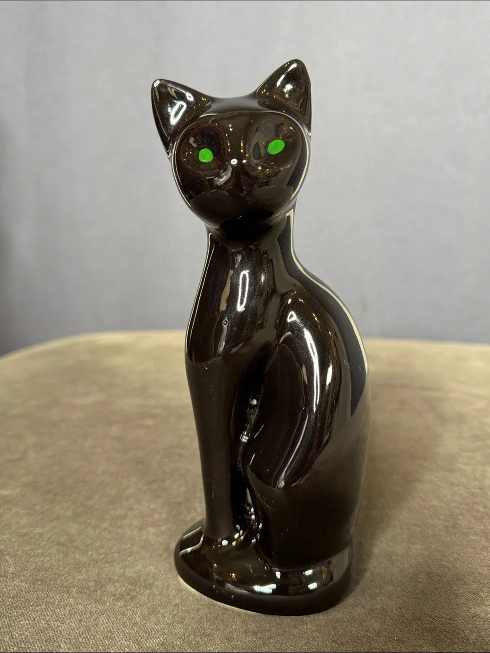 Vintage Black Ceramic Cat Figurine Green Eyes 8” Mid Century Modern NOS